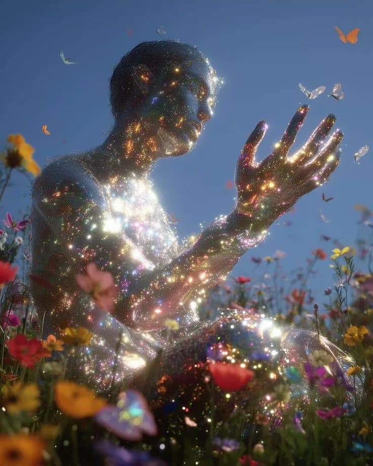 A figure made of glittering light kneels in a wildflower meadow