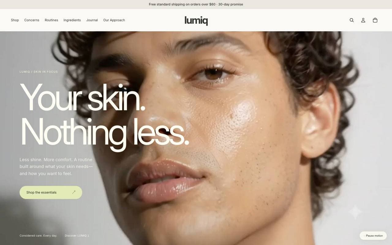 LUMIQ skincare Shopify storefront shown on desktop