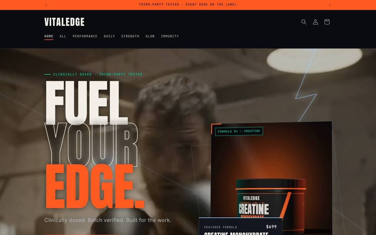 VitalEdge performance nutrition storefront shown on desktop